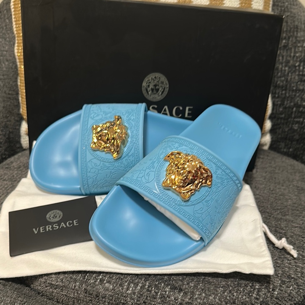 Versace Sky Blue Slides with Gold Medusa Accent